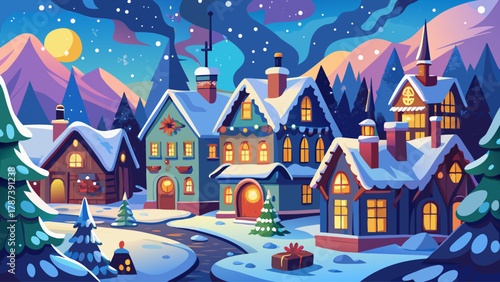 Charming snowy village with glowing Christmas lights, decorated tree in the town square, cozy cottages with smoke rising from chimneys, whimsical hand-drawn line art scene capturing festive winter