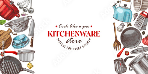 Kitchen utensils vector sketched banner
