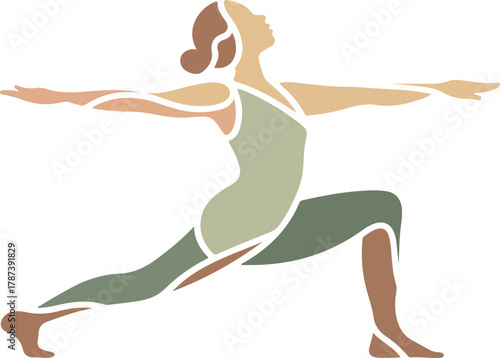 Female figure performing a warrior II yoga pose vector illustration for health and wellness concepts