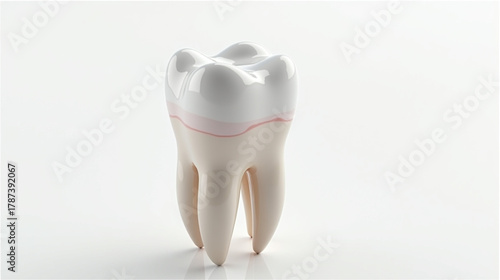 This is a high-quality 3D render or model of a human molar tooth, isolated on a white background. The image clearly distinguishes between the white, multi-cusped crown and the off-white roots. 