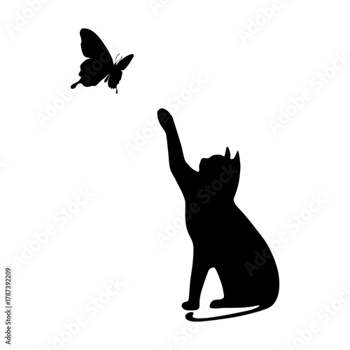Silhouette of a Cat playing with a butterfly, a kitten plays with a flying butterfly. Flat vector illustration design isolated on white background.