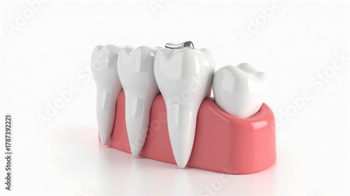 This is a 3D rendered model of a section of the human dental arch, specifically showcasing several molar teeth and the surrounding pink gingiva (gums). The teeth are stylized with bright white crowns 