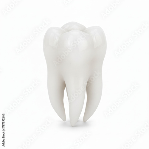 This is a high-key, 3D render or model of a human molar tooth, set against a clean white background. The tooth is depicted with an idealized, smooth, and pure white surface, 