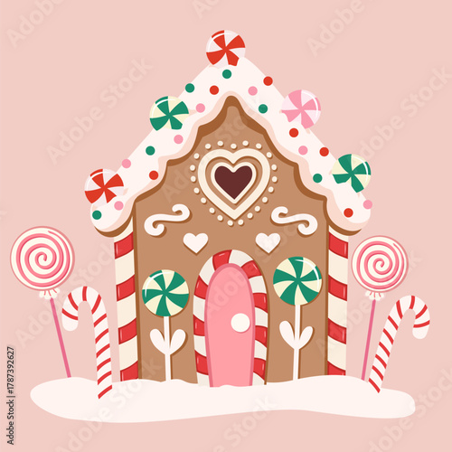 Gingerbread house icon. Winter illustration with snow and lollipops. Can be used for card, banners, prints.