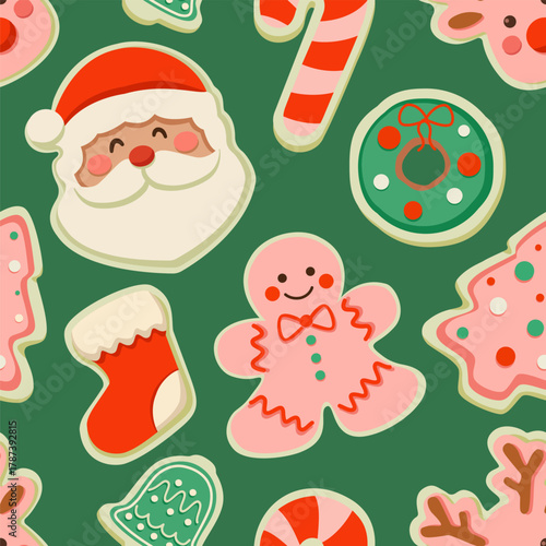 Christmas pattern. Vector seamless texture with gingerbread cookies.