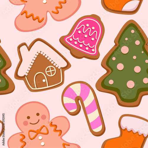Christmas pattern of decorated gingerbread cookies. Vector seamless texture.