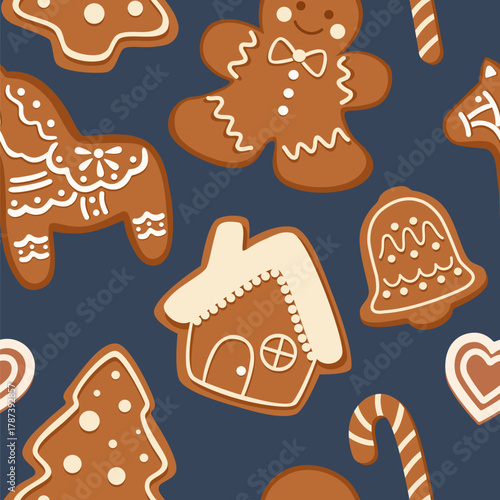 Christmas pattern of decorated gingerbread cookies. Vector seamless texture.