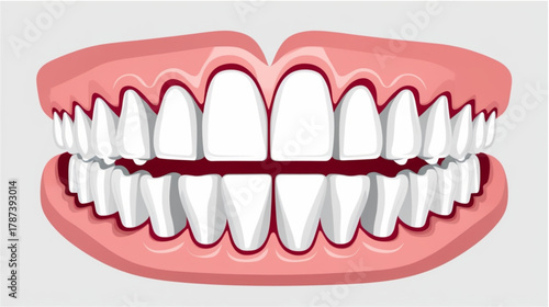A stylized, cartoon-like illustration of a complete set of perfect human teeth (dentition) set within bright pink gums. The teeth are uniformly white, perfectly straight, and fully aligned, 