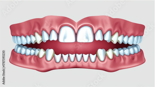 A digital illustration of human dentition showing poor dental health. Key features include a large diastema (gap) between the upper central incisors, signs of gum recession and periodontal disease,