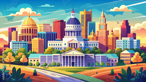 Very beautiful view of the Jackson, Mississippi, USA skyline featuring the State Capitol Building, modern downtown structures, warm natural light, and a realistic vibrant urban landscape.