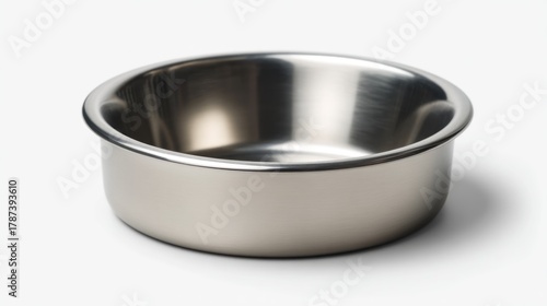 Round, stainless steel pet bowl,  smooth, reflective surface, simple design