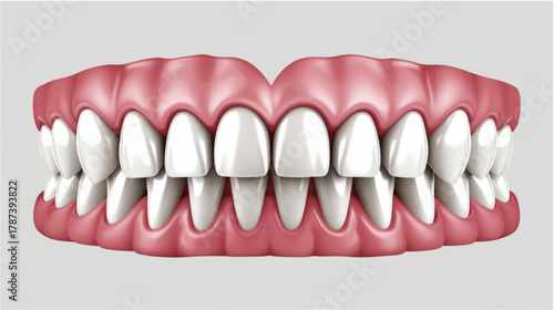 A realistic digital rendering of a complete set of human upper and lower teeth (dentition) set within pink, healthy gums. The teeth are bright white, uniformly shaped, and perfectly aligned, showcasin