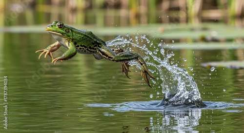 Frog sitting on a leaf near water, showing its moist skin and bright green color. Amphibian symbolizing nature, rain, and tropical wetland life.
