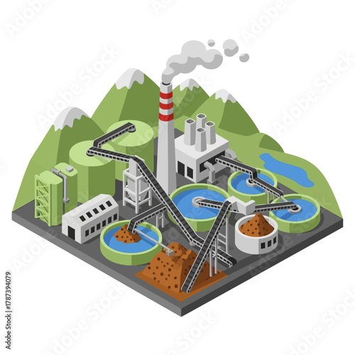 Isometric Industrial Plant for Ore Processing and Manufacturing.