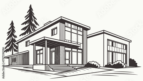 Illustration of a modern house with trees and bushes in a black and white line drawing style created with generated ai