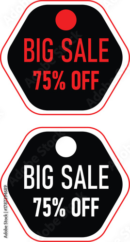 Hexagonal Big Sale Tags with 75% Off Discount in Black and Red for Retail Promotion