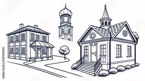 Illustration of buildings including a house church tower and a two story home with many windows created with generated ai