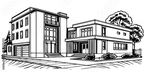 Illustration of a modern two story house with garage and trees in black and white outline style created with generated ai