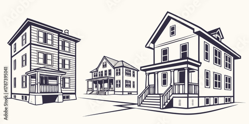 Illustration of three houses with different architectural styles and porch details in monochrome scheme created with generated ai