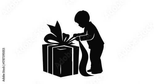 Child excitedly unwrapping a large gift box with a bow
