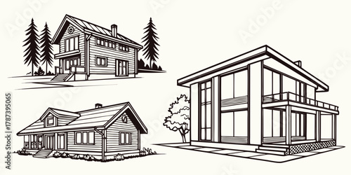 Three house sketches with trees and landscape elements in black and white line drawing style art created with generated ai