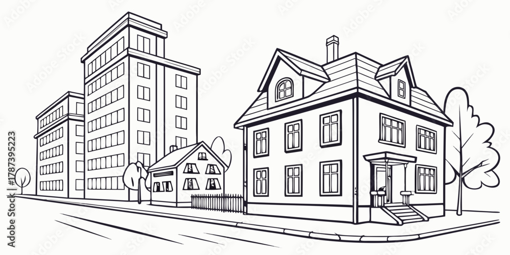 custom made wallpaper toronto digitalIllustration of a city street with a tall building and houses in black and white outline style created with generated ai