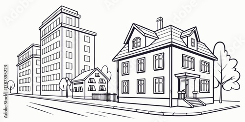 Illustration of a city street with a tall building and houses in black and white outline style created with generated ai