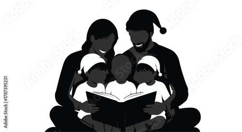 Loving family in pajamas enjoys reading a storybook together, creating warm holiday memories.