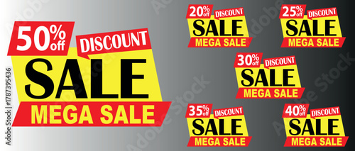 Discount Tags Vector Set, Popup Mega Sale Banner, 50, 20, 25, 30, 35, 40 Off, Red Yellow EPS Design