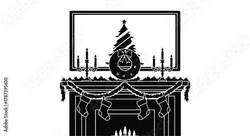 Cozy Christmas fireplace with stockings and festive decorations, ready for holiday cheer