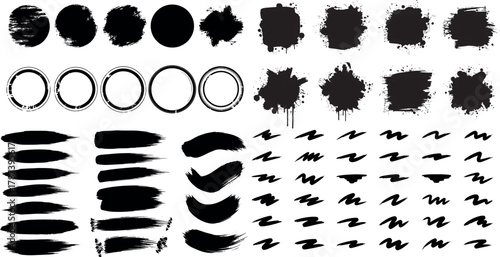 Collection of black ink brush strokes splatters and oval shapes for artistic design elements