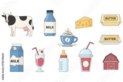 A cute and colorful vector icon set featuring dairy and milk-related items, including a cow, milk jug, cheese, butter, milk cartons, baby bottle, milkshake, coffee cup, and farm barn.