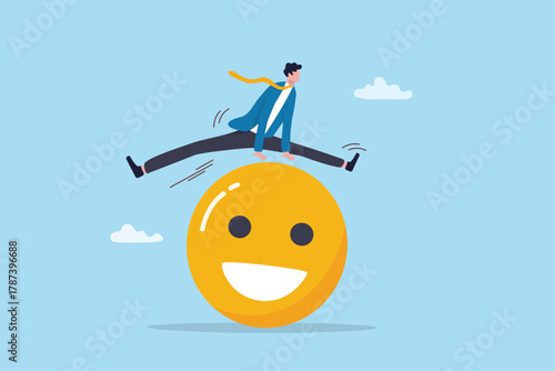 Work satisfaction, employee engagement, positive wellbeing career, job pleasure or appreciation, enjoyment or delight happiness, happy businessman jump over smiling face metaphor of satisfaction.