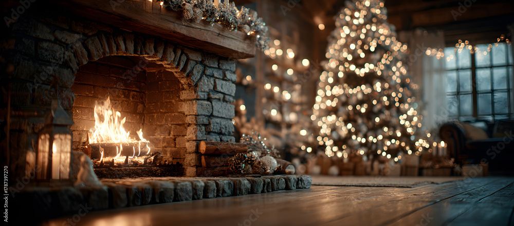 Obraz premium Christmas Tree with Decorations Near a Fireplace with Lights