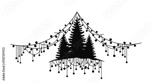 Whimsical silhouette of pine trees adorned with festive fairy lights