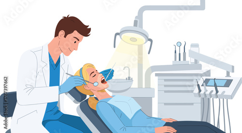 Dentist performing dental procedure in modern clinic, oral health care, patient treatment, hygiene tools, professional equipment, medical safety environment