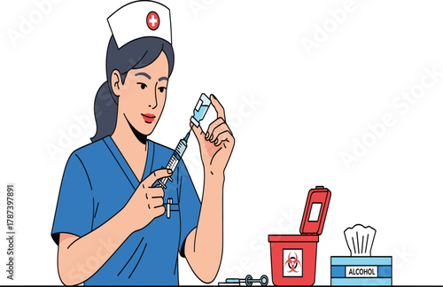 Nurse preparing syringe with vaccine in clinical setting, medical injection procedure, healthcare safety, hospital hygiene, immunization and patient care