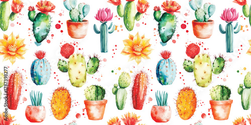 watercolor cactuses with blooming flowers Seamless pattern on white background for fabric design, rustic kitchen textiles, packaging and botanical print projects