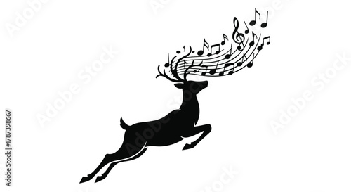 Majestic reindeer leaps with musical notes flowing from its antlers, symbolizing festive melodies.