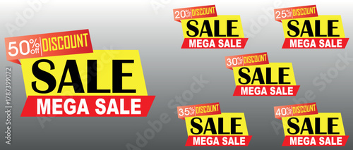 Discount Tags Vector Set, Popup Mega Sale Banner, 50, 20, 25, 30, 35, 40 Off, Yellow Red EPS Design