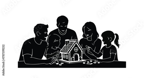 Joyful family creating a gingerbread house together, celebrating holiday spirit