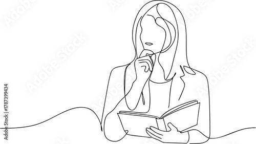 Woman in hijab reading a book with hand on chin headscarf