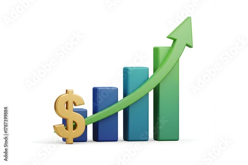 Rising Financial Bar Chart with Dollar Sign and Arrow Isolated on White Background