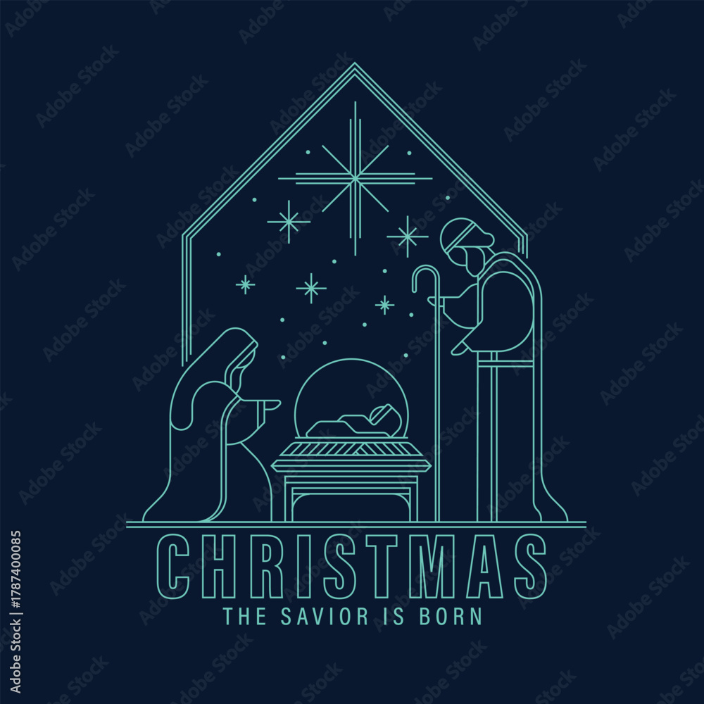 Fototapeta premium Christmas, the savior is born - Green mint line modern drawing The Nativity with mary and joseph in a manger with baby Jesus at star light on dark blue background vector design