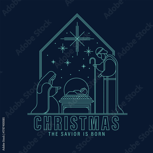 Christmas, the savior is born - Green mint line modern drawing The Nativity with mary and joseph in a manger with baby Jesus at star light on dark blue background vector design