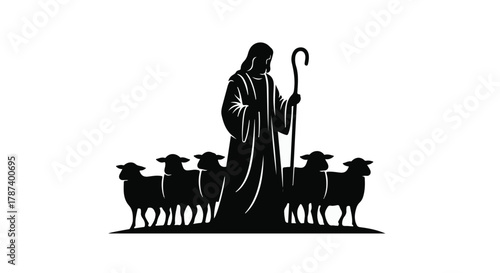 Silhouette of a shepherd with a staff guiding a flock of sheep