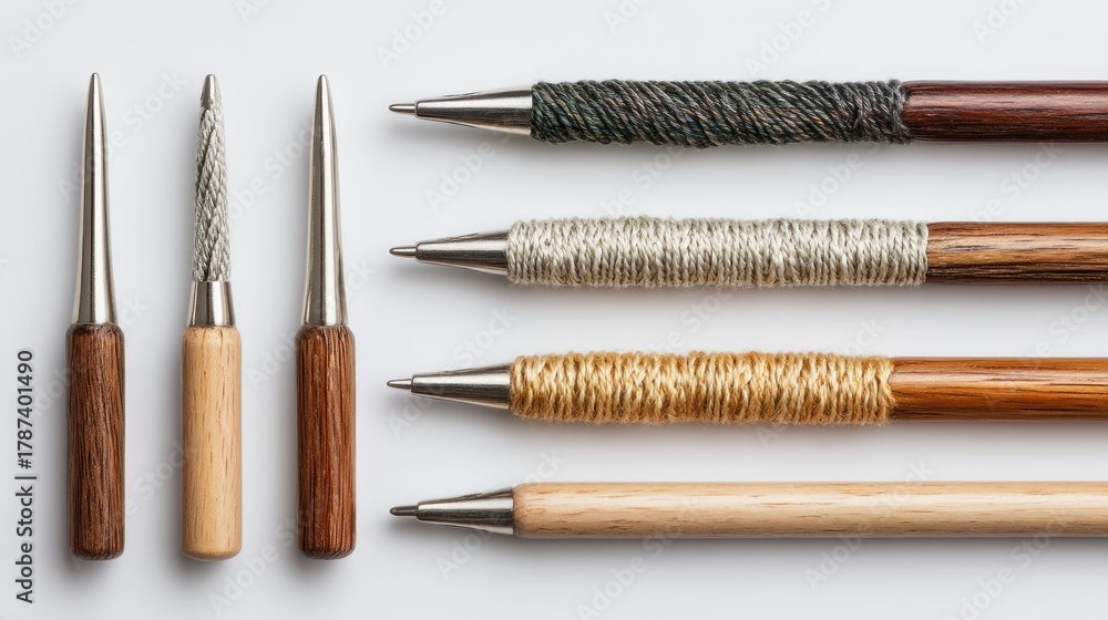 Fototapeta premium Collection of crafting tools with wooden handles and metal tips. Some handles are plain, others are wrapped with decorative thread
