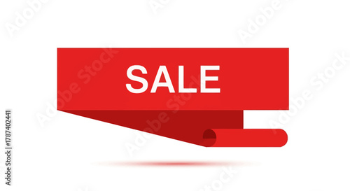 Red sale banner with curled edge and white text on a white background.