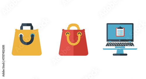 Shopping bags and online order on a computer.