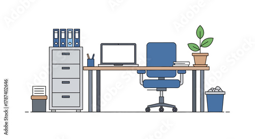 Illustration of a desk with a laptop, chair, filing cabinet, and other office supplies.